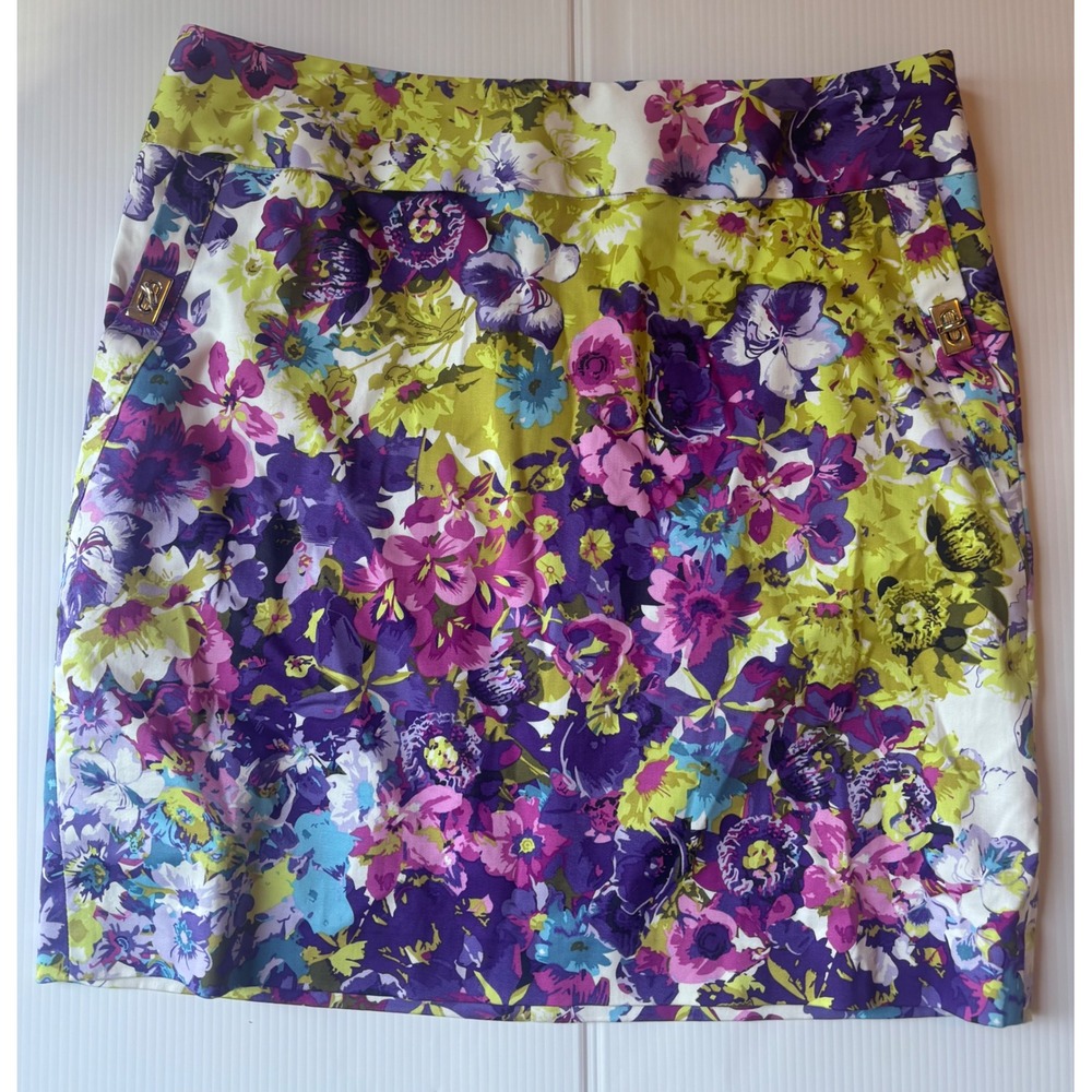 Adrienne Vittadini Floral Mini Skirt Purple Lime Green Size 10